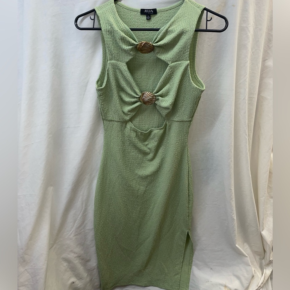 Julia peek a boo Green Sleeveless Dress with gold accents ladies sz M